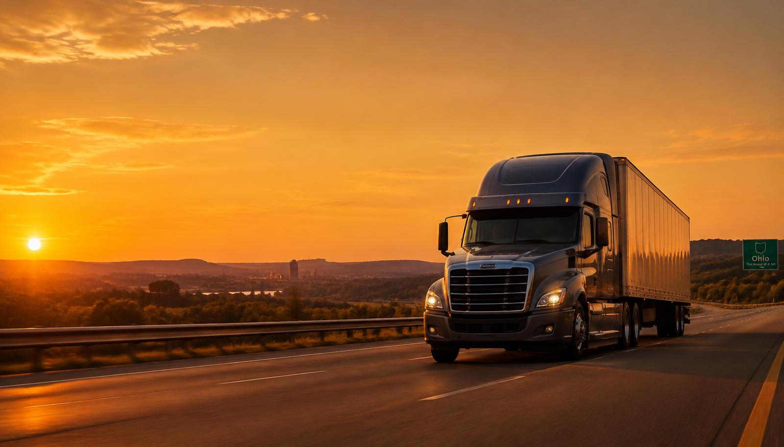 Semi truck on an Ohio highway at sunset